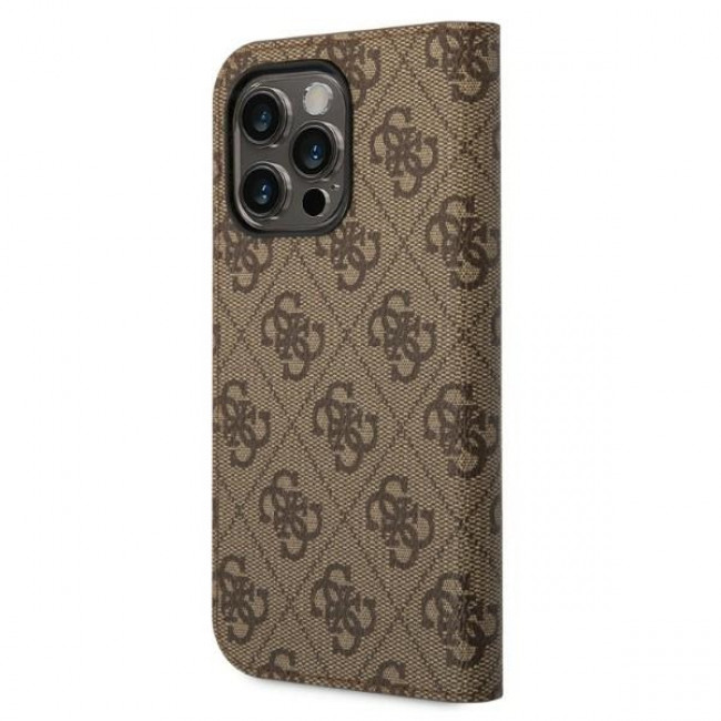 Guess iPhone 14 Pro 4G Vintage Gold Logo Θήκη Βιβλίο από Συνθετικό Δέρμα - Brown - GUBKP14LHG4SHW