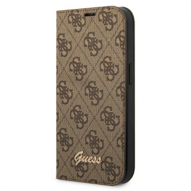 Guess iPhone 14 Pro 4G Vintage Gold Logo Θήκη Βιβλίο από Συνθετικό Δέρμα - Brown - GUBKP14LHG4SHW