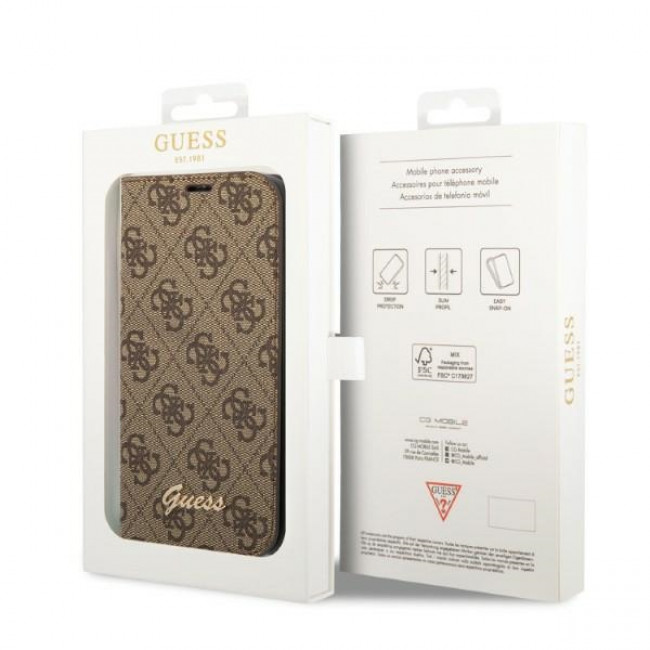 Guess iPhone 14 Pro 4G Vintage Gold Logo Θήκη Βιβλίο από Συνθετικό Δέρμα - Brown - GUBKP14LHG4SHW