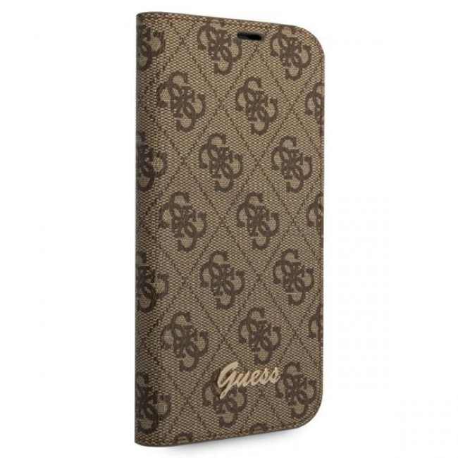 Guess iPhone 14 Plus 4G Vintage Gold Logo Θήκη Βιβλίο από Συνθετικό Δέρμα - Brown - GUBKP14MHG4SHW