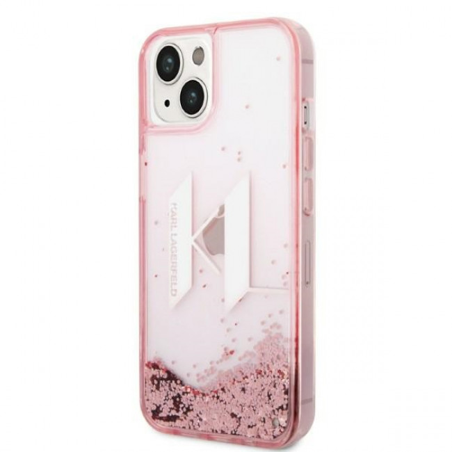 Karl Lagerfeld iPhone 14 - Liquid Glitter Big KL Σκληρή Θήκη με Πλαίσιο Σιλικόνης - Διάφανη / Pink - KLHCP14SLBKLCP