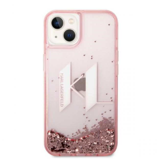 Karl Lagerfeld iPhone 14 - Liquid Glitter Big KL Σκληρή Θήκη με Πλαίσιο Σιλικόνης - Διάφανη / Pink - KLHCP14SLBKLCP