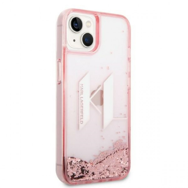 Karl Lagerfeld iPhone 14 - Liquid Glitter Big KL Σκληρή Θήκη με Πλαίσιο Σιλικόνης - Διάφανη / Pink - KLHCP14SLBKLCP