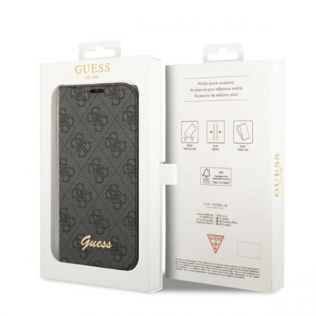 Guess iPhone 14 4G Vintage Gold Logo Θήκη Βιβλίο από Συνθετικό Δέρμα - Black - GUBKP14SHG4SHK