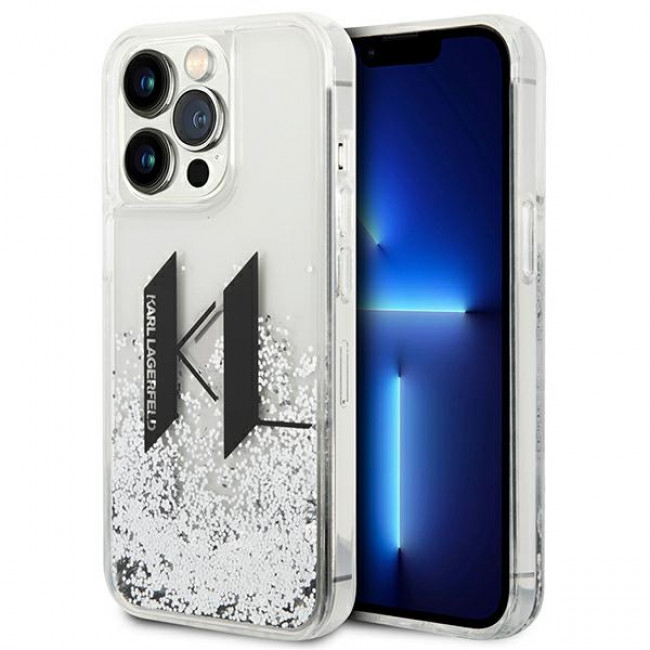 Karl Lagerfeld iPhone 14 Pro - Liquid Glitter Big KL Σκληρή Θήκη με Πλαίσιο Σιλικόνης - Διάφανη / Silver - KLHCP14LLBKLCS