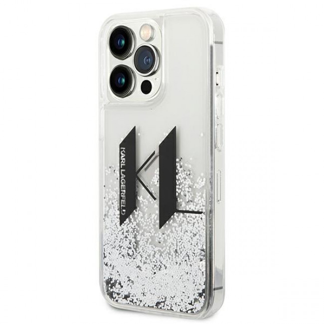 Karl Lagerfeld iPhone 14 Pro - Liquid Glitter Big KL Σκληρή Θήκη με Πλαίσιο Σιλικόνης - Διάφανη / Silver - KLHCP14LLBKLCS