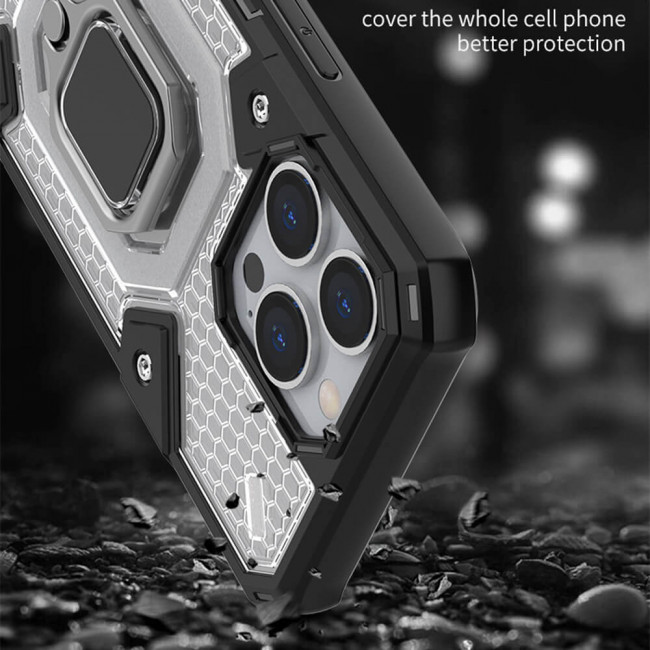 Techsuit iPhone 13 Pro Honeycomb Armor Σκληρή Θήκη με Πλαίσιο Σιλικόνης και Δαχτυλίδι Συγκράτησης - Black