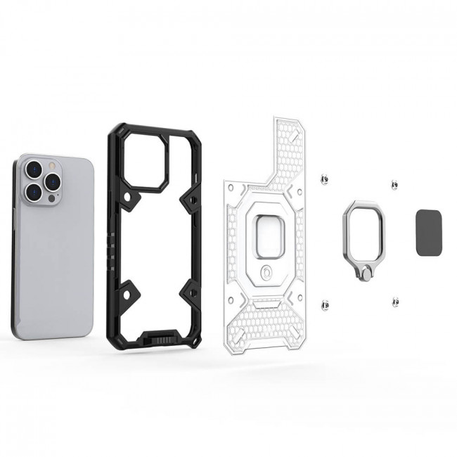 Techsuit iPhone 13 Pro Honeycomb Armor Σκληρή Θήκη με Πλαίσιο Σιλικόνης και Δαχτυλίδι Συγκράτησης - Black