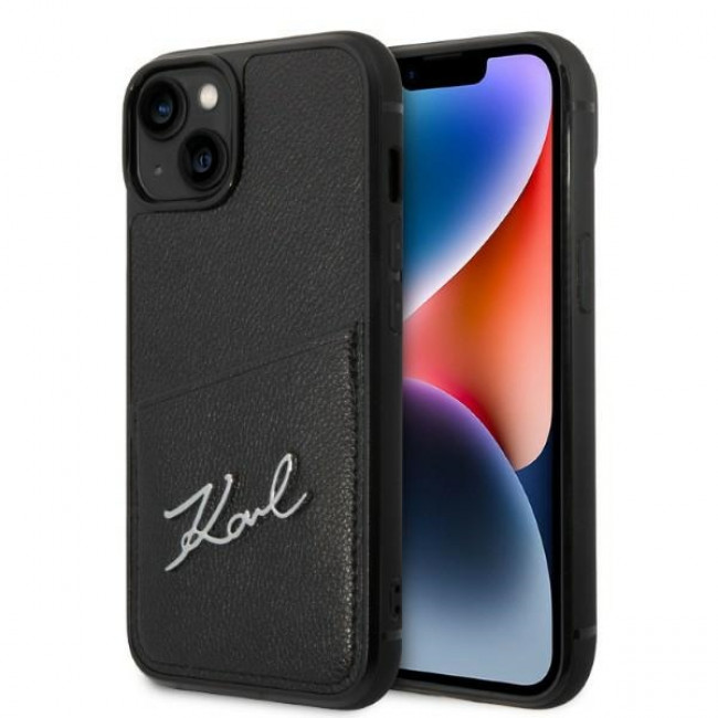 Karl Lagerfeld iPhone 14 Plus - Signature Logo Σκληρή Θήκη με Επένδυση Συνθετικού Δέρματος και Πλαίσιο Σιλικόνης - Black - KLHCP14MCSSK