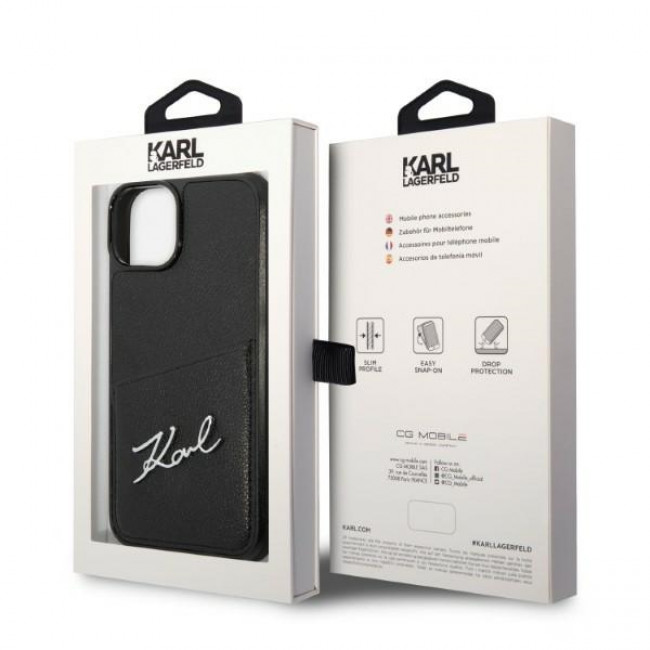 Karl Lagerfeld iPhone 14 Plus - Signature Logo Σκληρή Θήκη με Επένδυση Συνθετικού Δέρματος και Πλαίσιο Σιλικόνης - Black - KLHCP14MCSSK