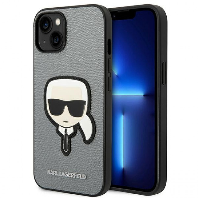 Karl Lagerfeld iPhone 14 Plus - Saffiano Karl's Head Patch Σκληρή Θήκη με Επένδυση Συνθετικού Δέρματος και Πλαίσιο Σιλικόνης - Silver - KLHCP14MSAPKHG