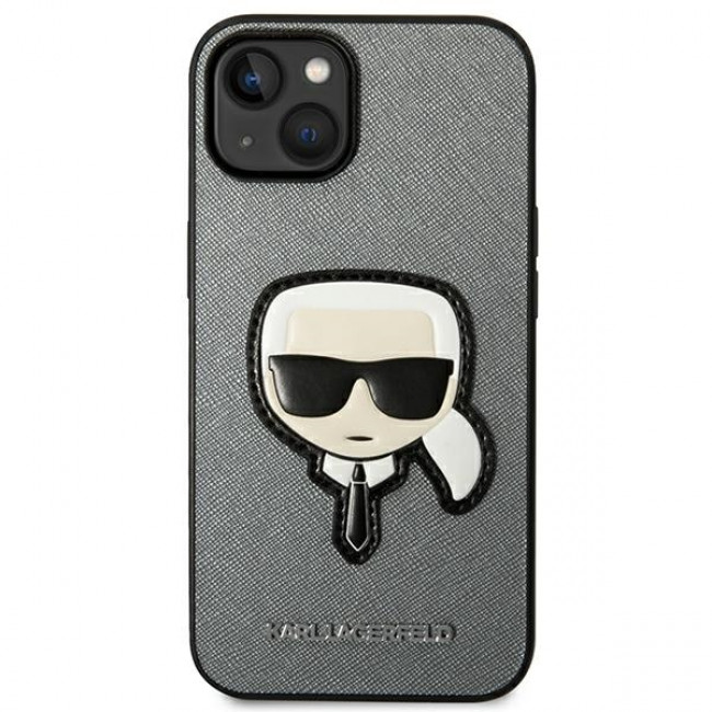 Karl Lagerfeld iPhone 14 Plus - Saffiano Karl's Head Patch Σκληρή Θήκη με Επένδυση Συνθετικού Δέρματος και Πλαίσιο Σιλικόνης - Silver - KLHCP14MSAPKHG