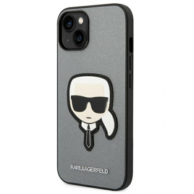 Karl Lagerfeld iPhone 14 Plus - Saffiano Karl's Head Patch Σκληρή Θήκη με Επένδυση Συνθετικού Δέρματος και Πλαίσιο Σιλικόνης - Silver - KLHCP14MSAPKHG