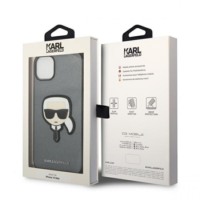 Karl Lagerfeld iPhone 14 Plus - Saffiano Karl's Head Patch Σκληρή Θήκη με Επένδυση Συνθετικού Δέρματος και Πλαίσιο Σιλικόνης - Silver - KLHCP14MSAPKHG