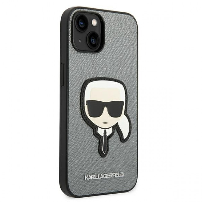 Karl Lagerfeld iPhone 14 - Saffiano Karl's Head Patch Σκληρή Θήκη με Επένδυση Συνθετικού Δέρματος και Πλαίσιο Σιλικόνης - Silver - KLHCP14SSAPKHG