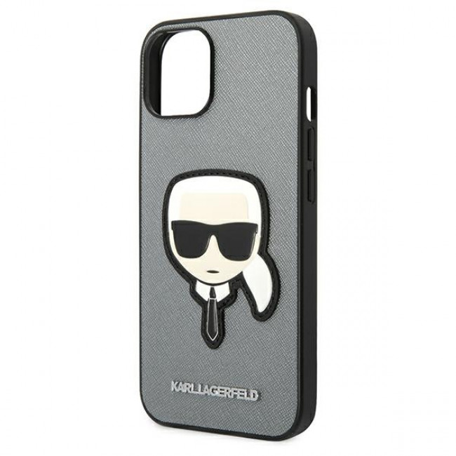 Karl Lagerfeld iPhone 14 - Saffiano Karl's Head Patch Σκληρή Θήκη με Επένδυση Συνθετικού Δέρματος και Πλαίσιο Σιλικόνης - Silver - KLHCP14SSAPKHG