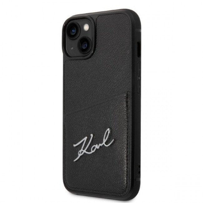 Karl Lagerfeld iPhone 14 - Signature Logo Σκληρή Θήκη με Επένδυση Συνθετικού Δέρματος και Πλαίσιο Σιλικόνης - Black - KLHCP14SCSSK