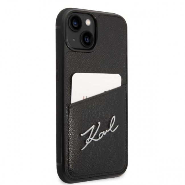 Karl Lagerfeld iPhone 14 - Signature Logo Σκληρή Θήκη με Επένδυση Συνθετικού Δέρματος και Πλαίσιο Σιλικόνης - Black - KLHCP14SCSSK