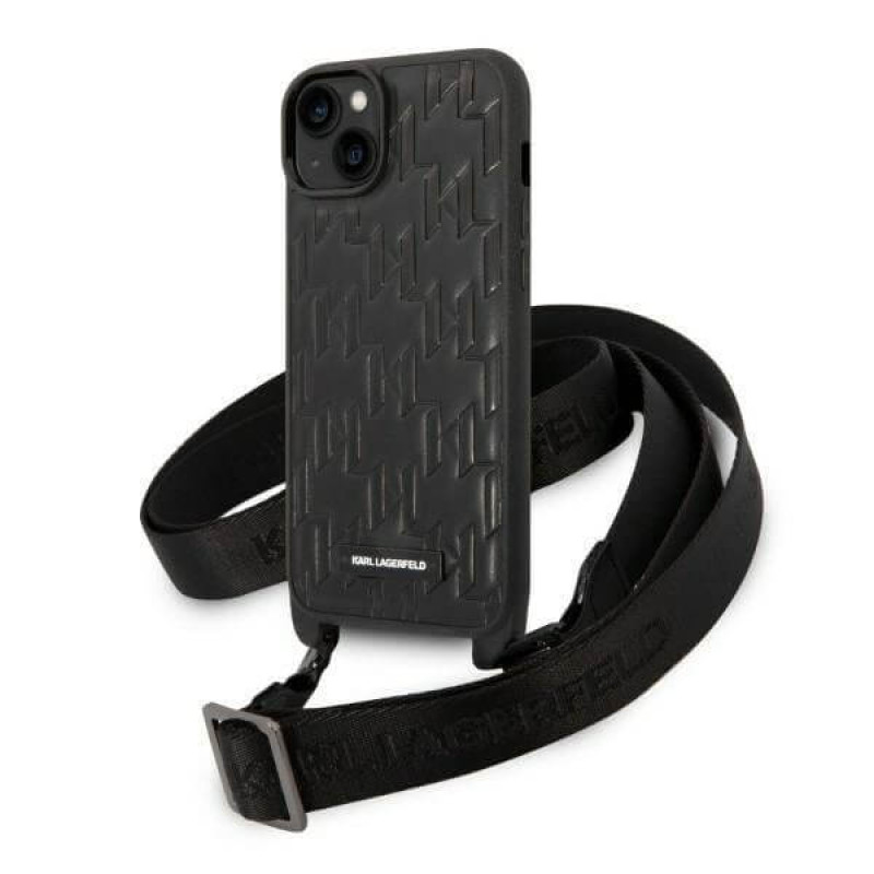 Karl Lagerfeld iPhone 14 Plus - Monogram Plaque Logo Strap Σκληρή Θήκη με Επένδυση Συνθετικού Δέρματος και Λουράκι - Black - KLHCP14MSTMMK