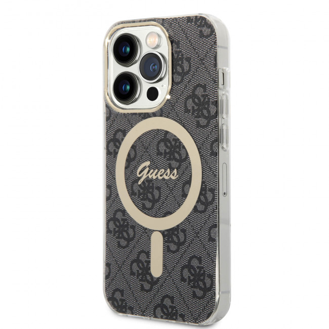 Guess iPhone 14 Pro - Bundle Pack MagSafe - Σετ Σκληρή Θήκη με Επένδυση Συνθετικού Δέρματος και Ασύρματος Φορτιστής MagSafe - Design 4G and Gold - Black - GUBPP14LH4EACSK