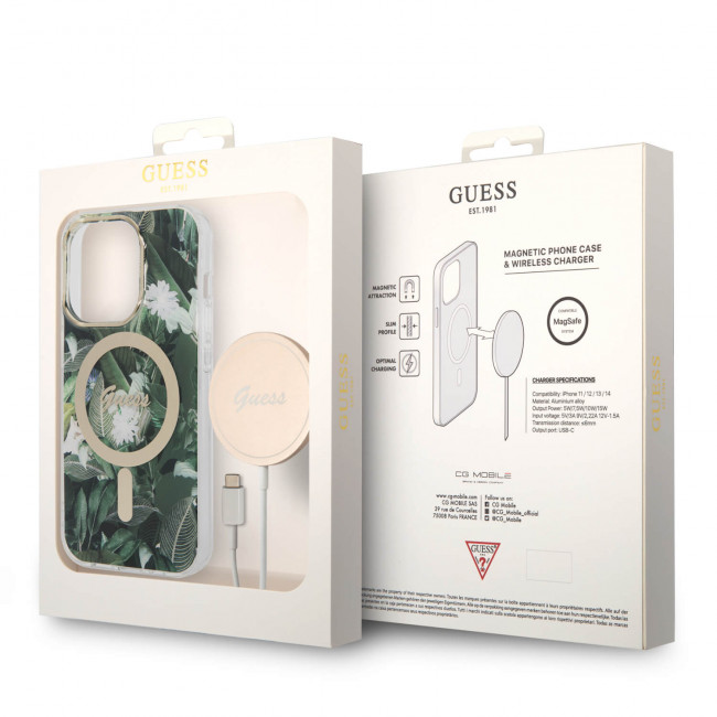 Guess iPhone 14 Pro Max - Bundle Pack MagSafe - Σετ Σκληρή Θήκη με Πλαίσιο Σιλικόνης και Ασύρματος Φορτιστής MagSafe - Design Jungle and Gold - Khaki - GUBPP14XHJEACSA