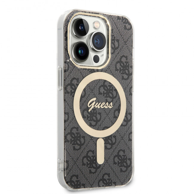 Guess iPhone 14 Pro Max - Bundle Pack MagSafe - Σετ Σκληρή Θήκη με Επένδυση Συνθετικού Δέρματος και Ασύρματος Φορτιστής MagSafe - Design 4G and Gold - Black - GUBPP14XH4EACSK