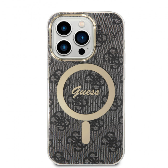 Guess iPhone 14 Pro Max - Bundle Pack MagSafe - Σετ Σκληρή Θήκη με Επένδυση Συνθετικού Δέρματος και Ασύρματος Φορτιστής MagSafe - Design 4G and Gold - Black - GUBPP14XH4EACSK