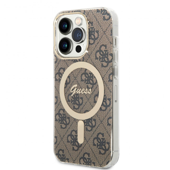 Guess iPhone 14 Pro - Bundle Pack MagSafe - Σετ Σκληρή Θήκη με Επένδυση Συνθετικού Δέρματος και Ασύρματος Φορτιστής MagSafe - Design 4G and Gold - Brown - GUBPP14LH4EACSW