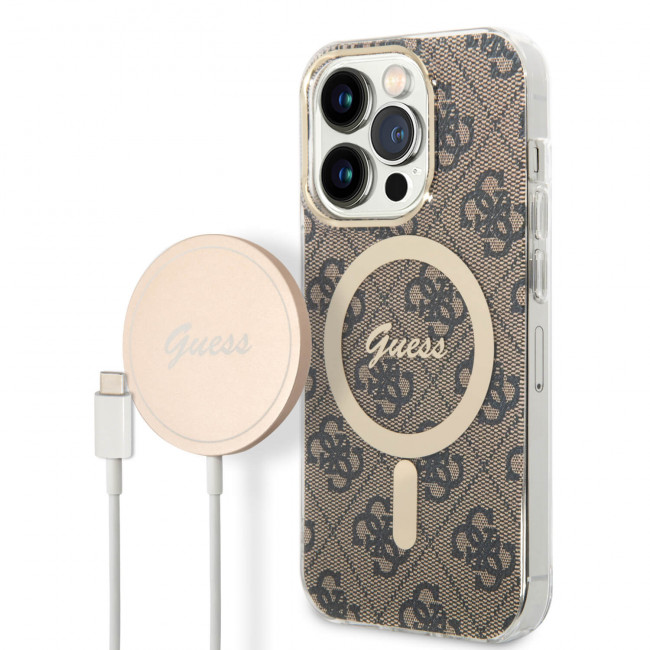 Guess iPhone 14 Pro - Bundle Pack MagSafe - Σετ Σκληρή Θήκη με Επένδυση Συνθετικού Δέρματος και Ασύρματος Φορτιστής MagSafe - Design 4G and Gold - Brown - GUBPP14LH4EACSW