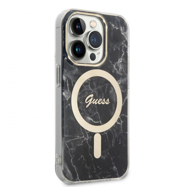 Guess iPhone 14 Pro - Bundle Pack MagSafe - Σετ Σκληρή Θήκη με Πλαίσιο Σιλικόνης και Ασύρματος Φορτιστής MagSafe - Design Marble and Gold - Black - GUBPP14LHMEACSK