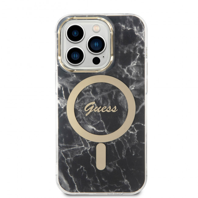 Guess iPhone 14 Pro - Bundle Pack MagSafe - Σετ Σκληρή Θήκη με Πλαίσιο Σιλικόνης και Ασύρματος Φορτιστής MagSafe - Design Marble and Gold - Black - GUBPP14LHMEACSK