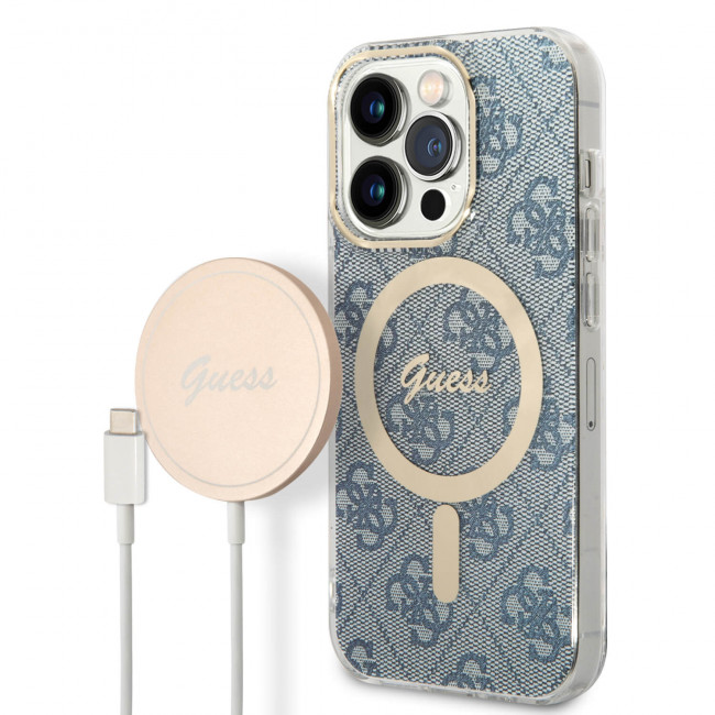 Guess iPhone 14 Pro - Bundle Pack MagSafe - Σετ Σκληρή Θήκη με Επένδυση Συνθετικού Δέρματος και Ασύρματος Φορτιστής MagSafe - Design 4G and Gold - Blue - GUBPP14LH4EACSB