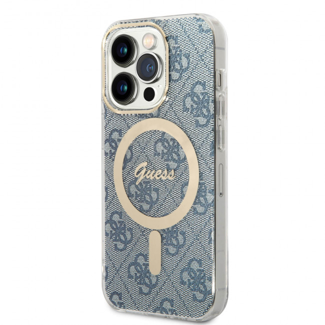 Guess iPhone 14 Pro - Bundle Pack MagSafe - Σετ Σκληρή Θήκη με Επένδυση Συνθετικού Δέρματος και Ασύρματος Φορτιστής MagSafe - Design 4G and Gold - Blue - GUBPP14LH4EACSB