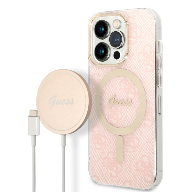 Guess iPhone 14 Pro - Bundle Pack MagSafe - Σετ Σκληρή Θήκη με Επένδυση Συνθετικού Δέρματος και Ασύρματος Φορτιστής MagSafe - Design 4G and Gold - Pink - GUBPP14LH4EACSP