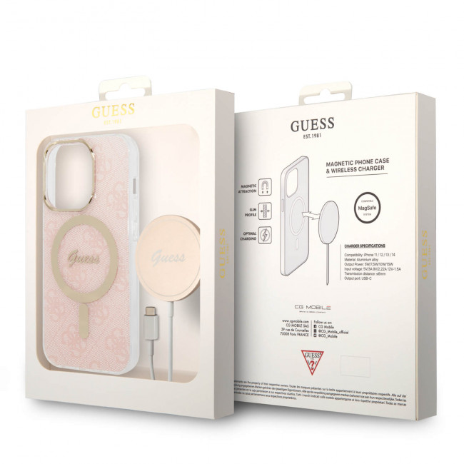 Guess iPhone 14 Pro - Bundle Pack MagSafe - Σετ Σκληρή Θήκη με Επένδυση Συνθετικού Δέρματος και Ασύρματος Φορτιστής MagSafe - Design 4G and Gold - Pink - GUBPP14LH4EACSP