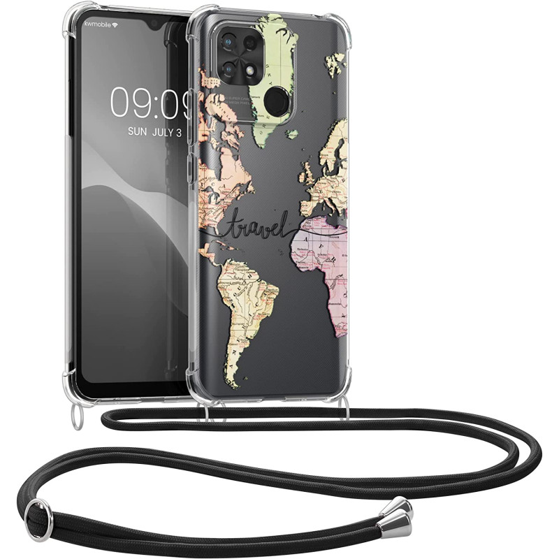 KW Xiaomi Redmi 10C Θήκη Σιλικόνης TPU με Λουράκι Design Travel - Black / Multicolor - Διάφανη - 59701.01