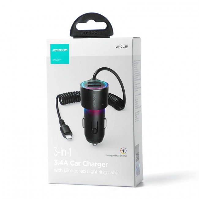 Joyroom JR-CL25 3in1 Fast Car Charger 17W Φορτιστής Αυτοκινήτου με 2 Θύρες USB και Καλώδιο Lightning 1.5m - Black