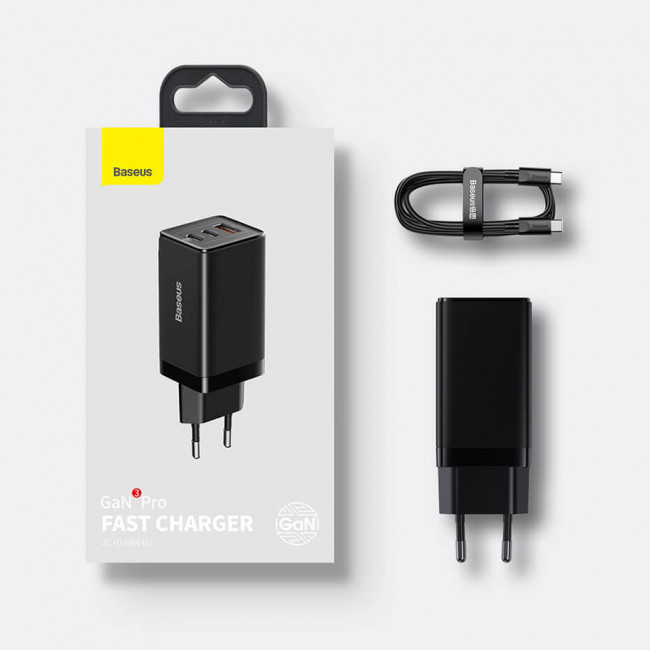 Baseus GaN3 Pro Fast Charger 65W Οικιακός Φορτιστής Γρήγορης Φόρτισης με 2 Θύρες Type-C και 1 Θύρα USB με Καλώδιο Type-C to Type-C - Black - CCGP050101