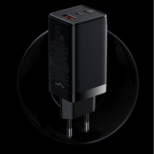 Baseus GaN3 Pro Fast Charger 65W Οικιακός Φορτιστής Γρήγορης Φόρτισης με 2 Θύρες Type-C και 1 Θύρα USB με Καλώδιο Type-C to Type-C - Black - CCGP050101