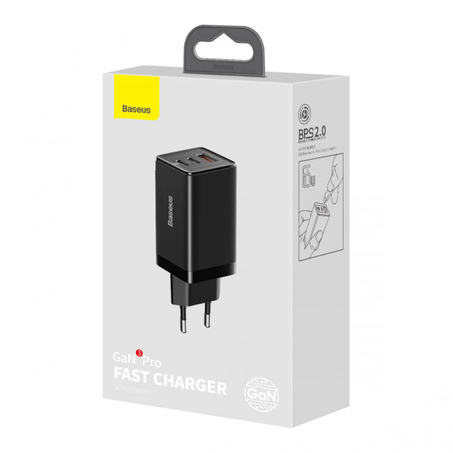 Baseus GaN3 Pro Fast Charger 65W Οικιακός Φορτιστής Γρήγορης Φόρτισης με 2 Θύρες Type-C και 1 Θύρα USB με Καλώδιο Type-C to Type-C - Black - CCGP050101