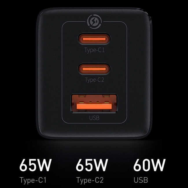 Baseus GaN3 Pro Fast Charger 65W Οικιακός Φορτιστής Γρήγορης Φόρτισης με 2 Θύρες Type-C και 1 Θύρα USB με Καλώδιο Type-C to Type-C - Black - CCGP050101