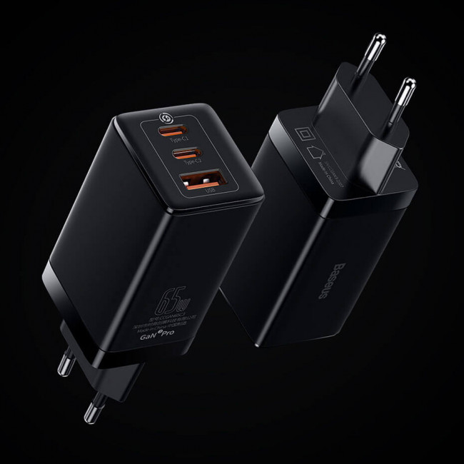 Baseus GaN3 Pro Fast Charger 65W Οικιακός Φορτιστής Γρήγορης Φόρτισης με 2 Θύρες Type-C και 1 Θύρα USB με Καλώδιο Type-C to Type-C - Black - CCGP050101