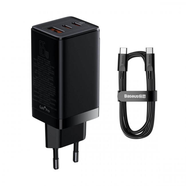 Baseus GaN3 Pro Fast Charger 65W Οικιακός Φορτιστής Γρήγορης Φόρτισης με 2 Θύρες Type-C και 1 Θύρα USB με Καλώδιο Type-C to Type-C - Black - CCGP050101