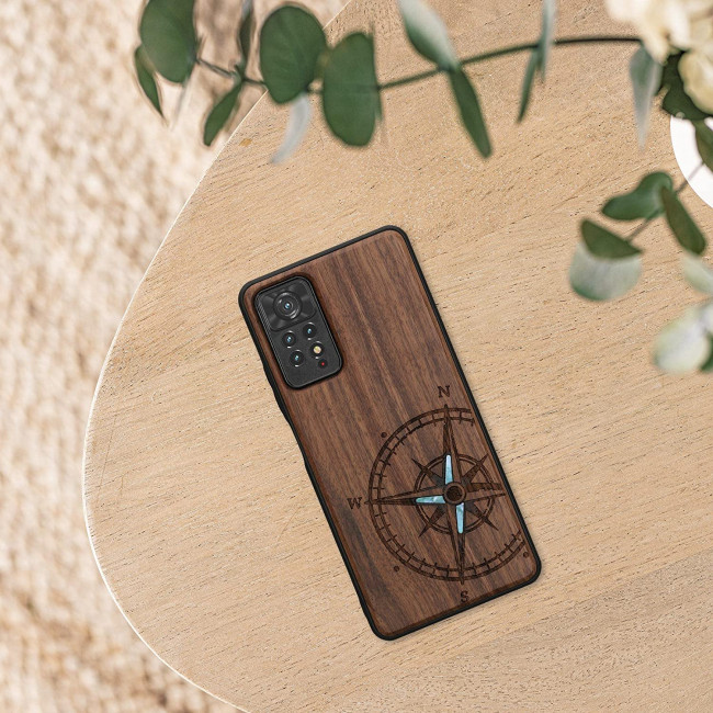 KW Xiaomi Redmi Note 11 Pro / Note 11 Pro 5G Θήκη από Φυσικό Ξύλο - Design Navigational Compass Mother of Pearl - Dark Brown - 57381.11