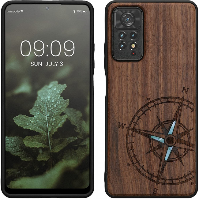 KW Xiaomi Redmi Note 11 Pro / Note 11 Pro 5G Θήκη από Φυσικό Ξύλο - Design Navigational Compass Mother of Pearl - Dark Brown - 57381.11