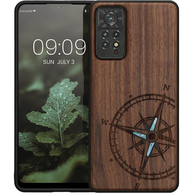 KW Xiaomi Redmi Note 11 Pro / Note 11 Pro 5G Θήκη από Φυσικό Ξύλο - Design Navigational Compass Mother of Pearl - Dark Brown - 57381.11