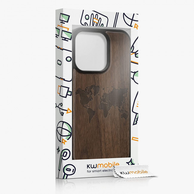 KW iPhone 14 Pro Θήκη από Φυσικό Ξύλο - Design Travel Outline - Dark Brown - 59126.03