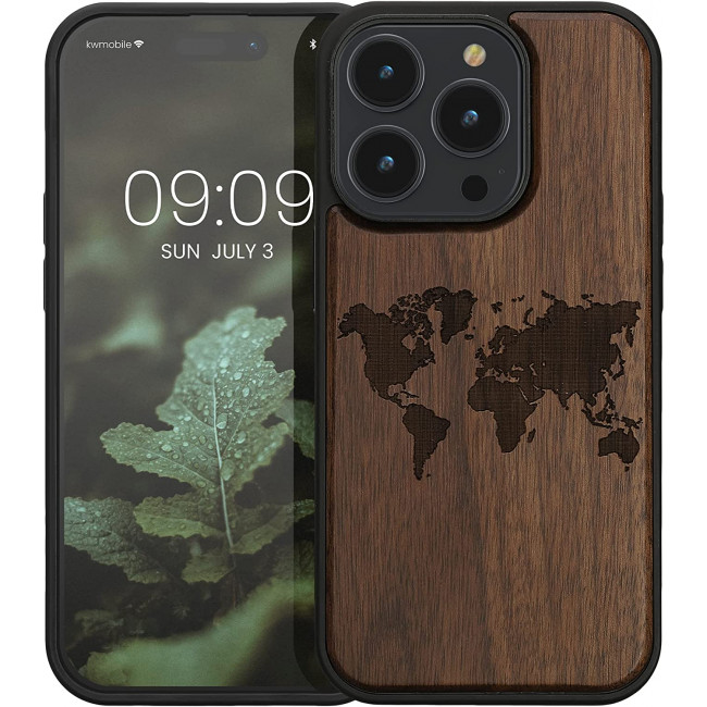 KW iPhone 14 Pro Θήκη από Φυσικό Ξύλο - Design Travel Outline - Dark Brown - 59126.03