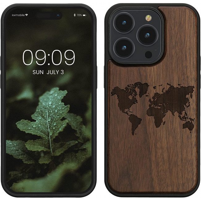 KW iPhone 14 Pro Θήκη από Φυσικό Ξύλο - Design Travel Outline - Dark Brown - 59126.03