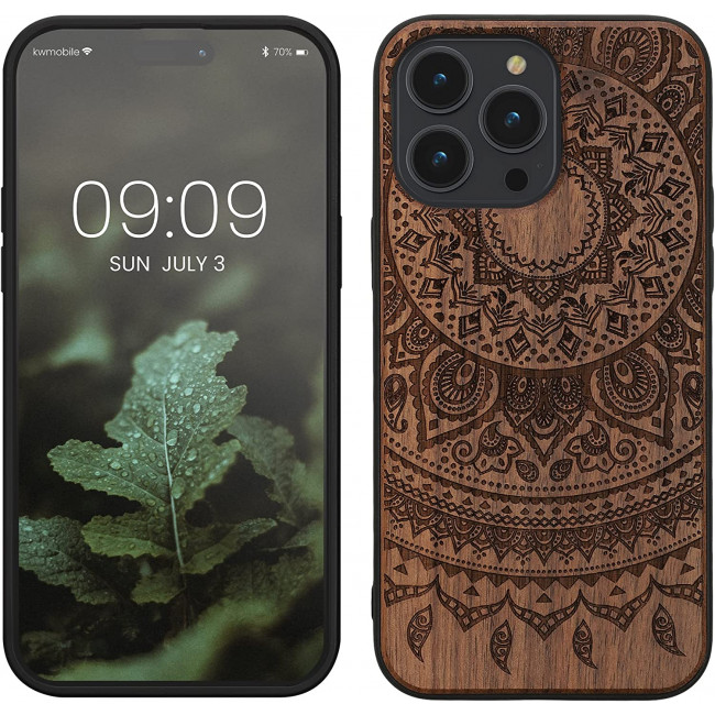 KW iPhone 14 Pro Max Θήκη από Φυσικό Ξύλο - Design Indian Sun - Dark Brown - 59127.04